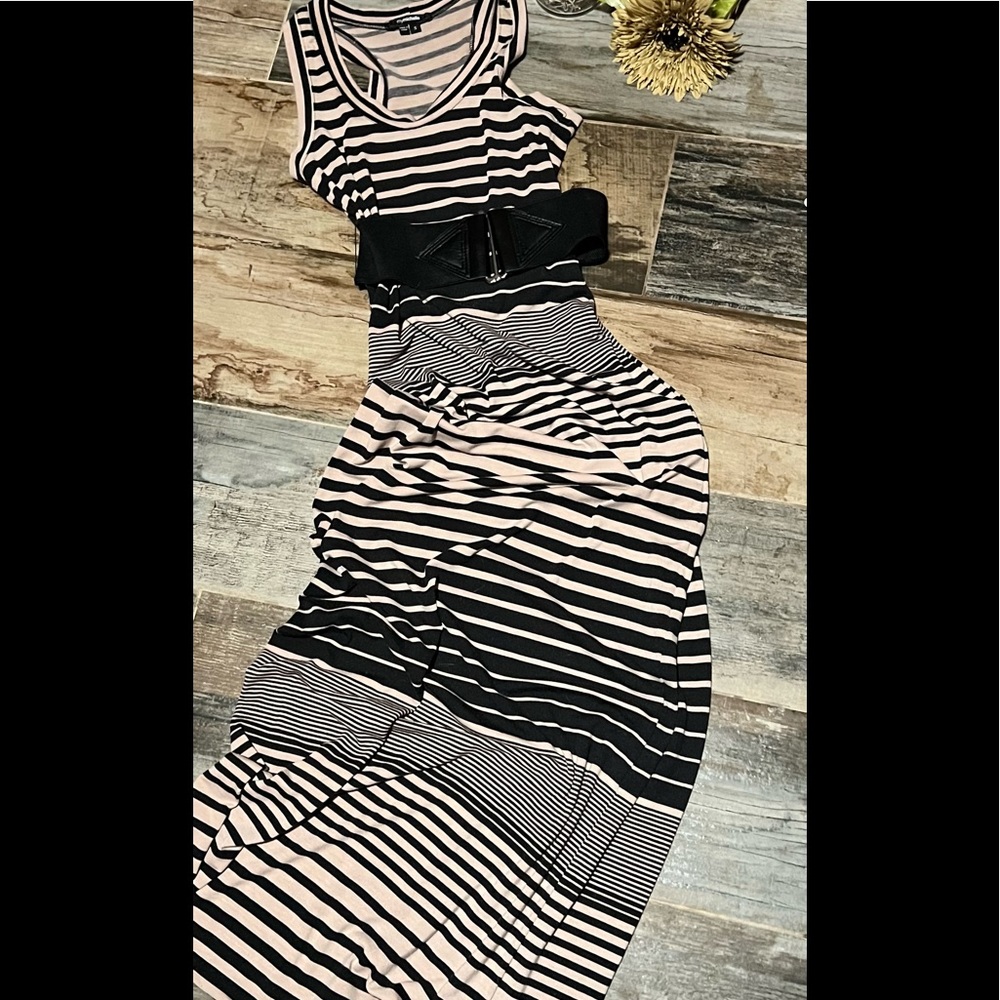 NWOT My Michelle maxi striped brown /cream sleeveless dress with belted waist.